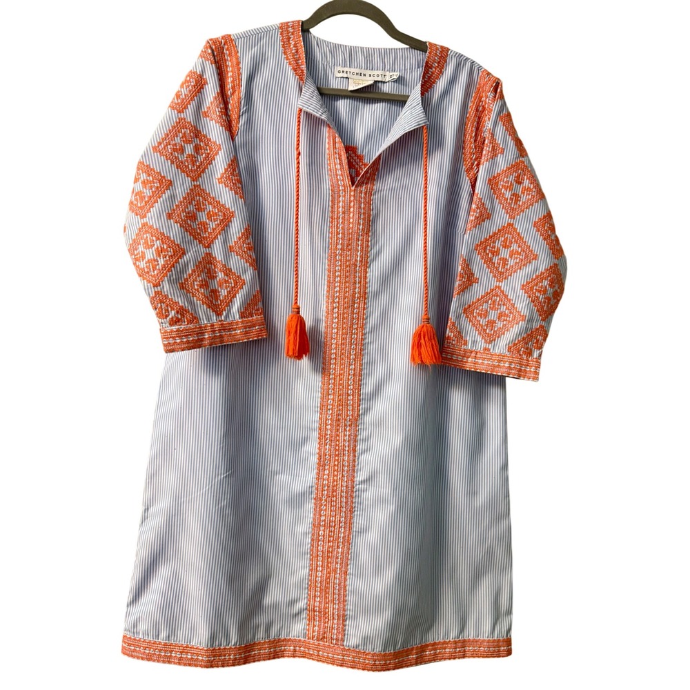 Gretchen Scott Blue White Striped Orange Embroidered Tassel Tunic Dress XL